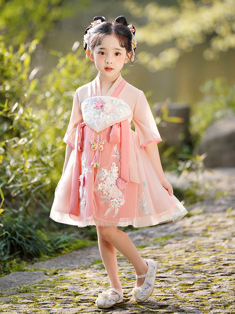 PreOrder:Pink Xiuhe Dress - Ethereal Hanfu Gown for Little Girls