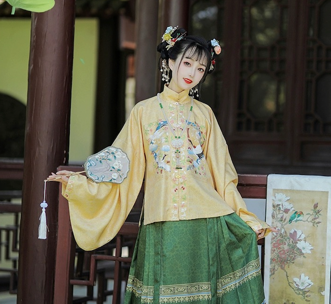 Crane Whisper Green: Elegant Ming-Style Hanfu Dress with Horse-Face Skirt and Mandarin Collar