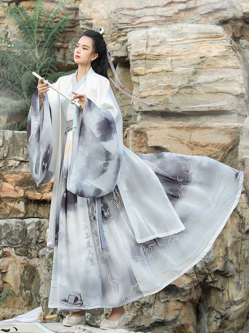 PreOder:Cloud Whisper Elegance: Jin Dynasty Grey Hanfu - Unisex Qi-Waist Ruqun with Cross Collar - Wei-Jin Style