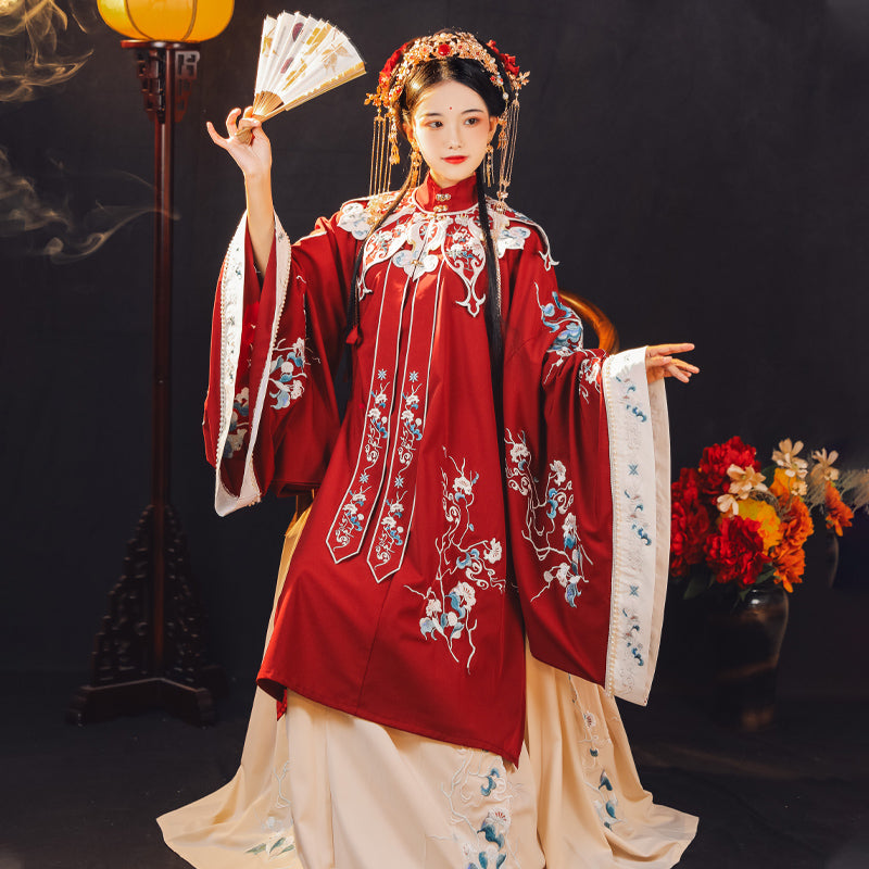 Pear Blossom Rain in Red: Ethereal Ming-Style Hanfu - Stand Collar Dual-Front Top with Cloud Shoulders