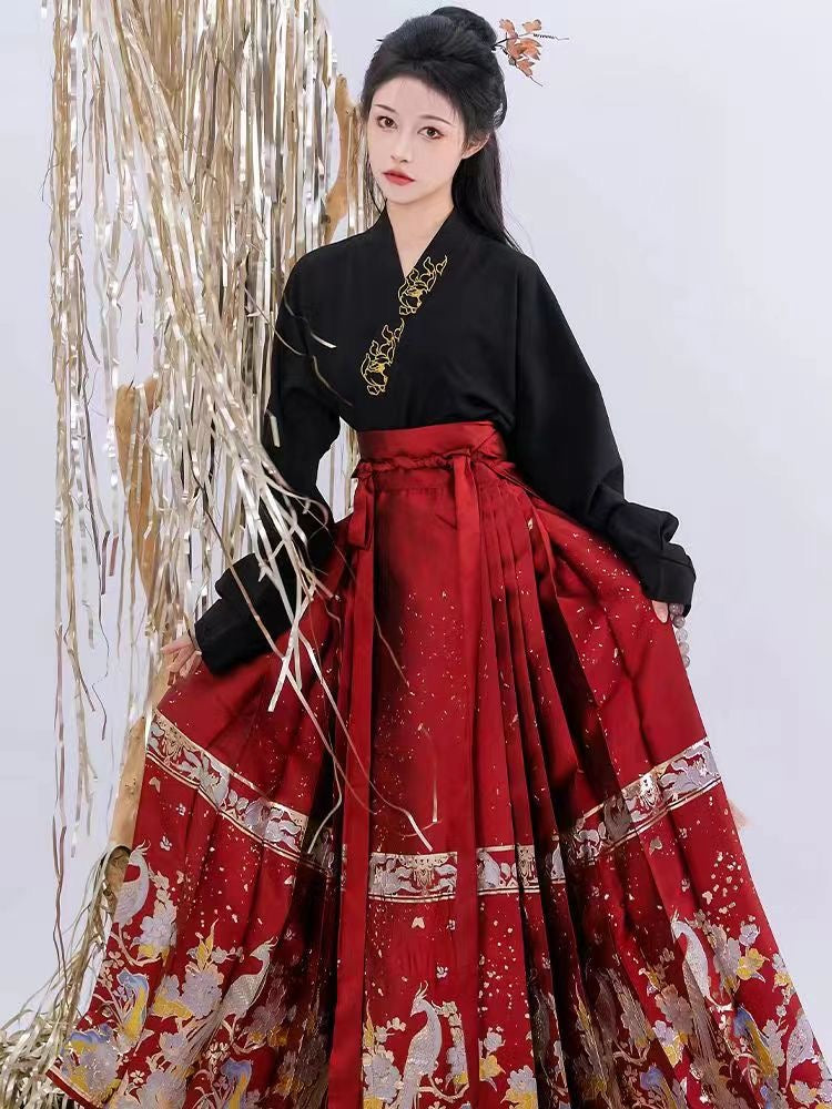 Elegant Cross-Collar Black Hanfu: Embroidered Gold Floral Horseface Skirt Set