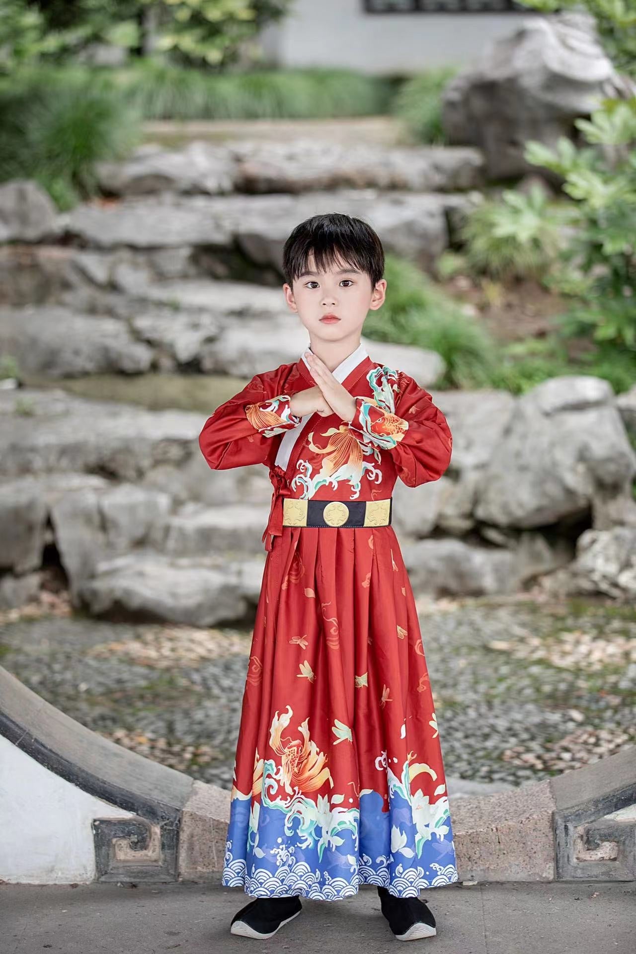 Lunar Fish Elegance: Vibrant Red Hanfu for Kids - Tang Dynasty Scholar Attire for Cultural Studies
