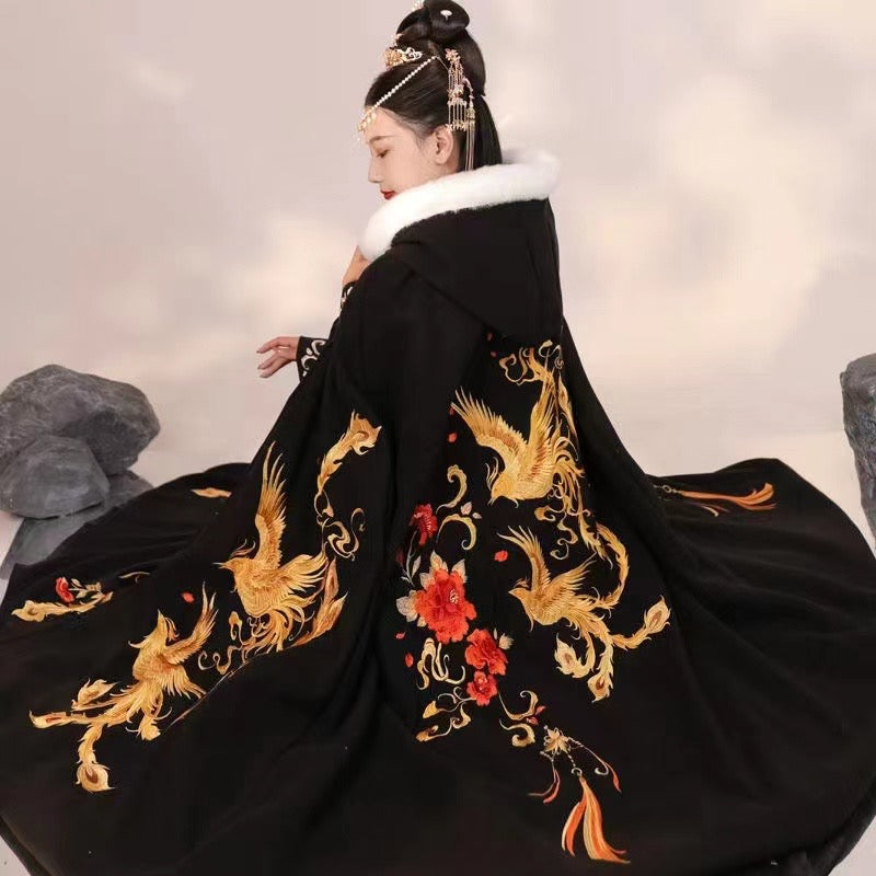 PreOrder: Phoenix Elegance Cape: Luxurious Embroidered Black & Red  Cloak