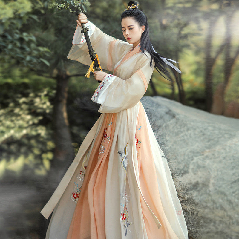 PreOder:Ethereal Crane in Tangerine: Elegant Chinese Hanfu with Flowing Cross-Collar Design