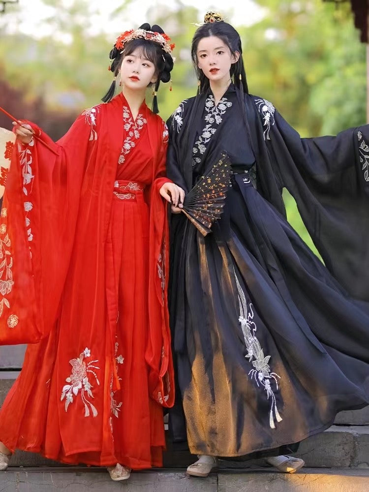 PreOder:Dragon's Embrace: Wei-Jin Inspired Hanfu in Red and Black - Ethereal Couple's Attire