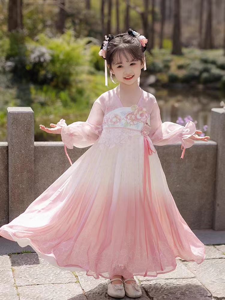 PreOrder:Rose Fairy: Girls' Ethereal Tang-Style Hanfu Dress with Long Sleeves - Floral Goddess Gow
