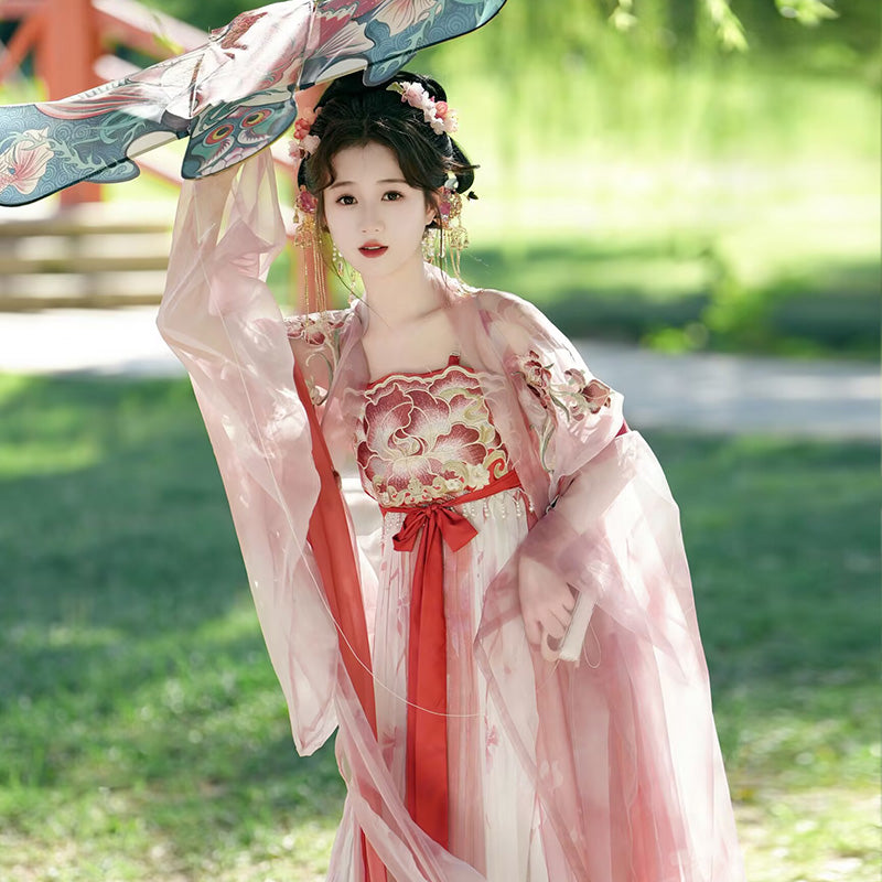 Azure and Blush Hibiscus: Ethereal Embroidered Hanfu with Tang-Style Hezi Skirt and Wide Sleeves