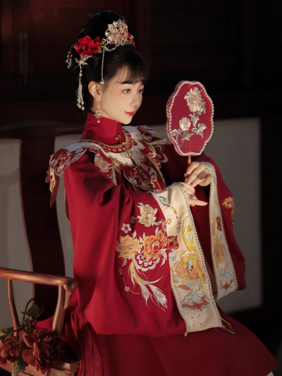 Rent-Bridal Blossom: Exquisite Red Hanfu Wedding Set - Embroidered Ming-Style Long Gown with Cloud Shoulders
