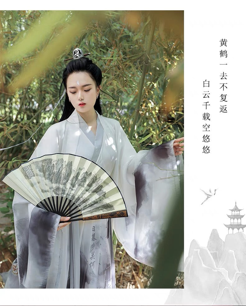 Cloud Whisper Elegance: Jin Dynasty Grey Hanfu - Unisex Qi-Waist Ruqun with Cross Collar - Wei-Jin Style
