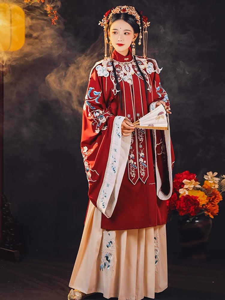 PreOrder： Pear Blossom Rain in Red: Ethereal Ming-Style Hanfu - Stand Collar Dual-Front Top with Cloud Shoulders