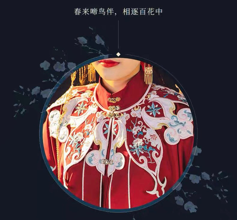 PreOrder： Pear Blossom Rain in Red: Ethereal Ming-Style Hanfu - Stand Collar Dual-Front Top with Cloud Shoulders