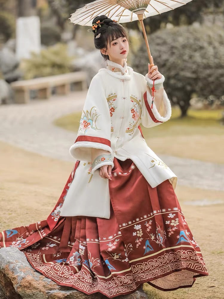 PreOder:Crimson Snow: Original Ming-Style Winter Hanfu - Festive Cross-Collar Jacket & Modified Horseface Skirt - Traditional Chinese Elegance