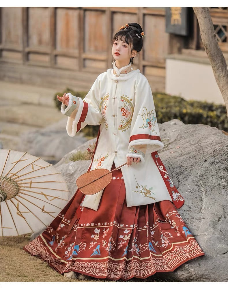 Crimson Snow: Original Ming-Style Winter Hanfu - Festive Cross-Collar Jacket & Modified Horseface Skirt - Traditional Chinese Elegance