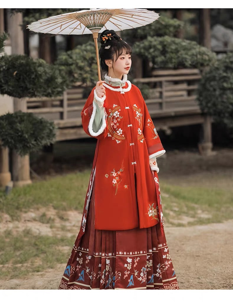 PreOder:Crimson Snow: Original Ming-Style Winter Hanfu - Festive Cross-Collar Jacket & Modified Horseface Skirt - Traditional Chinese Elegance