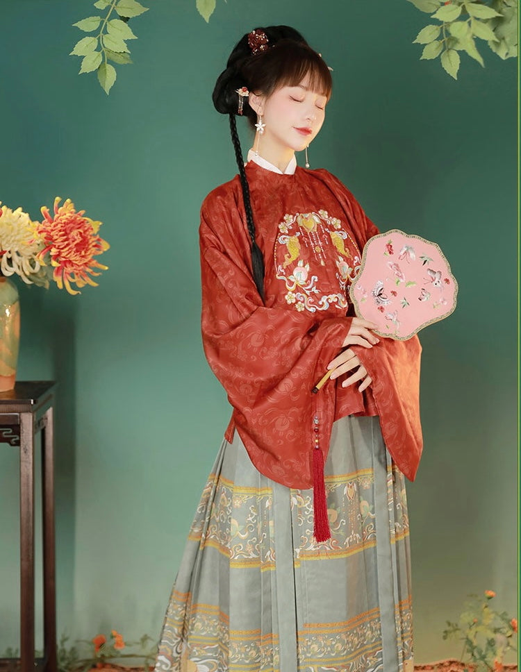 PreOrder: Red Fisher's Delight: Ming-Style Hanfu - Embroidered Round-Neck Jacket with Pipa Sleeves & Horseface Skirt