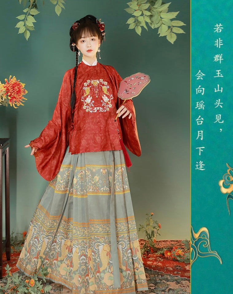 Red Fisher's Delight: Ming-Style Hanfu - Embroidered Round-Neck Jacket with Pipa Sleeves & Horseface Skirt