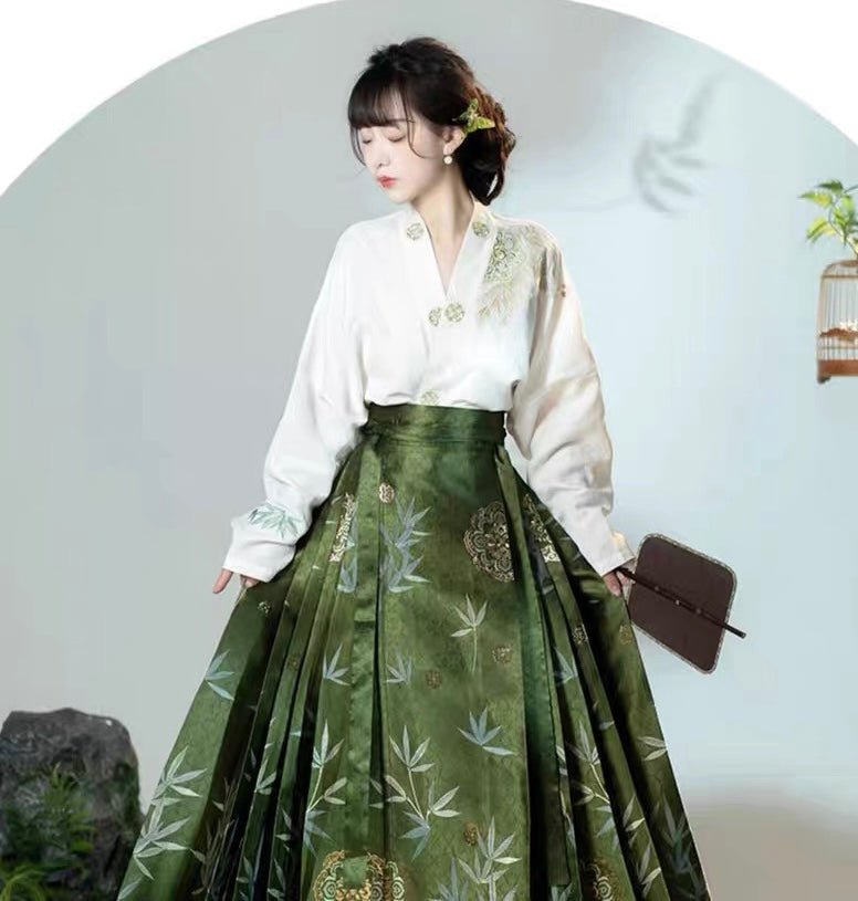 PreOder:Bamboo Shadow Whispers: Ming-Style Hanfu - Pavilion Series Horseface Skirt & Bishop Sleeve Set
