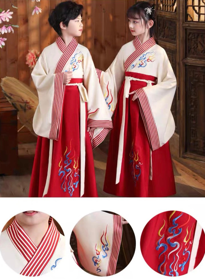 Flame Wide Sleeve Hanfu: Traditional Chinese Attire for Boys & Girls