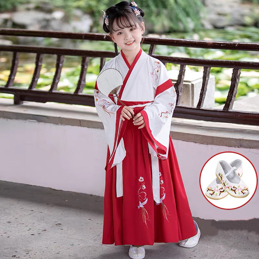 PreOrder:Sparrow's Whisper: Red & White Wide-Sleeve Hanfu for Kids - Tang Dynasty Scholar Attire for Cultural Studies