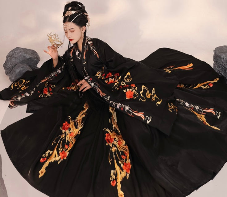 Phoenix Elegance Cape: Luxurious Embroidered Black & Red  Cloak