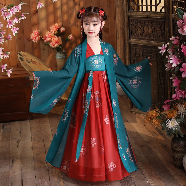 PreOrder: Rouge Enchantment: Ethereal Children's Hanfu in Rouge Green & Rouge Red , Wide-Sleeved Princess