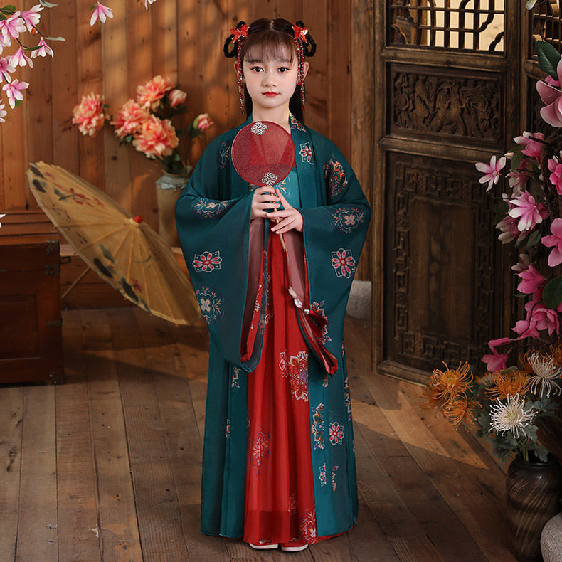 PreOrder: Rouge Enchantment: Ethereal Children's Hanfu in Rouge Green & Rouge Red , Wide-Sleeved Princess