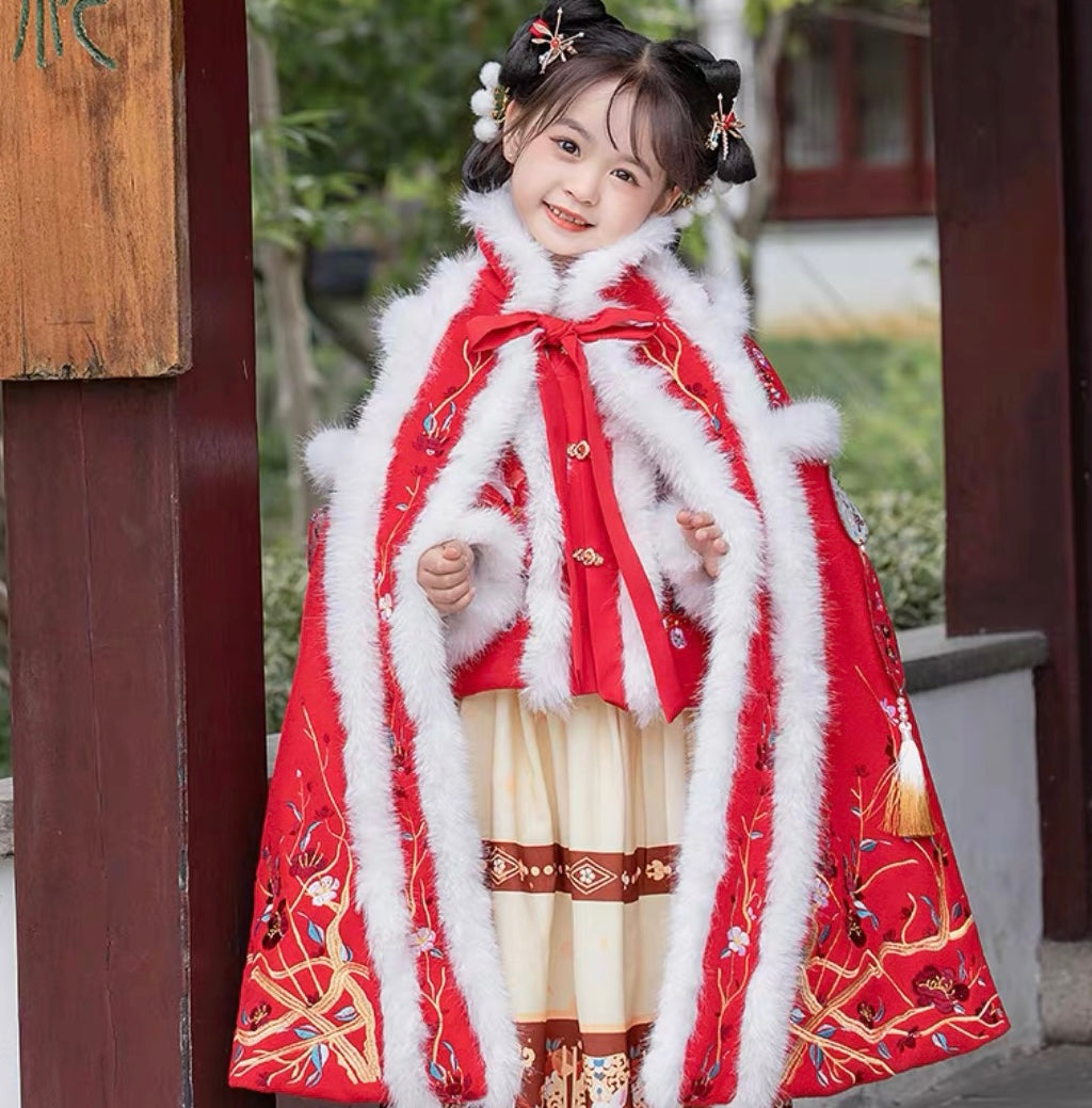 PreOder:Crimson Plum Branch: Traditional Ming Dynasty Hanfu Dress for Girls