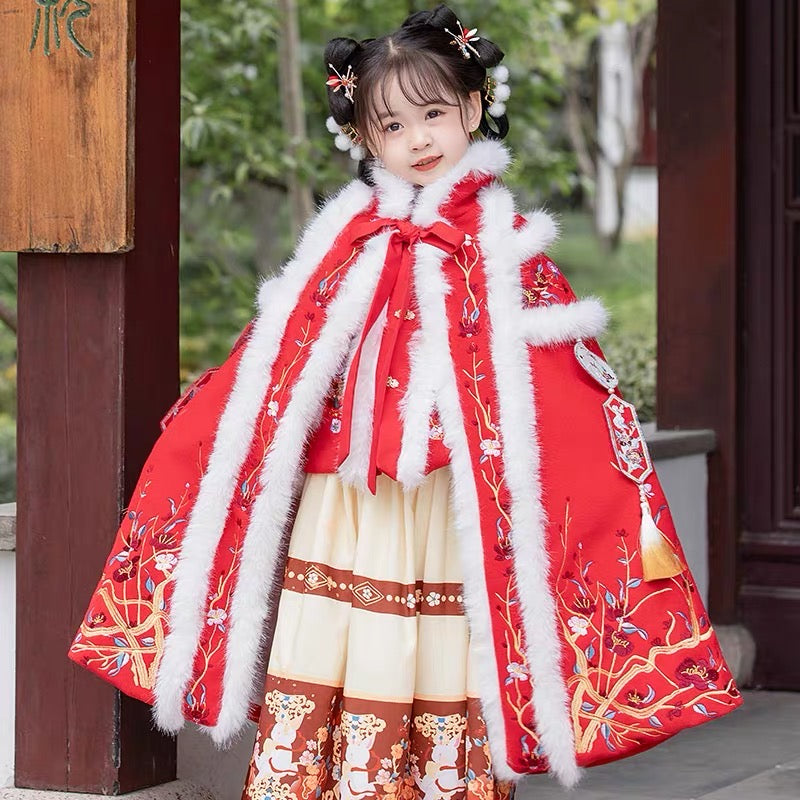 Crimson Plum Branch: Traditional Ming Dynasty Hanfu Dress for Girls