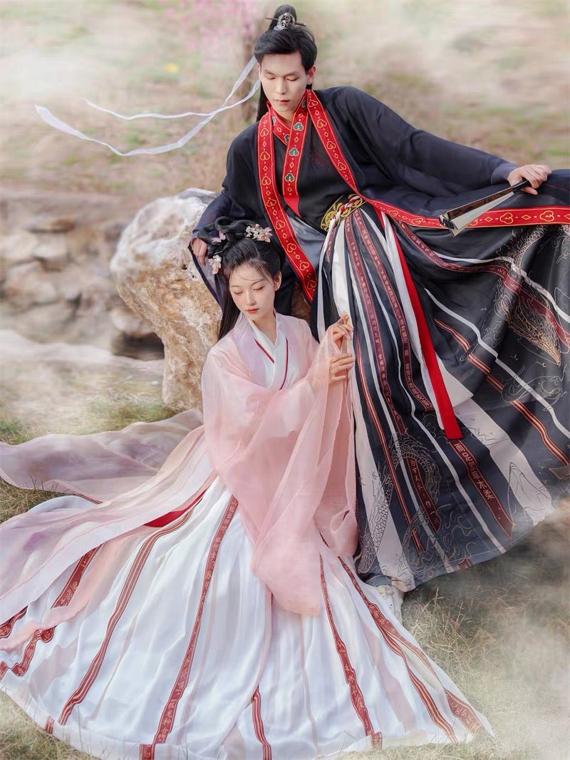 PreOder:Imperial Romance: His & Hers Hanfu Set in Black and Light Pink - Ethereal Wei-Jin Style