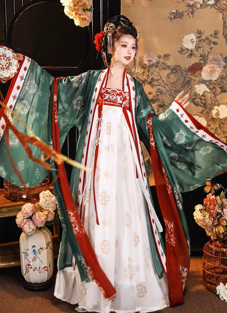 PreOrder:Autumn Majesty: Green & Red - Tang Dynasty Inspired Women's Hanfu Set with Wide-Sleeved Robe