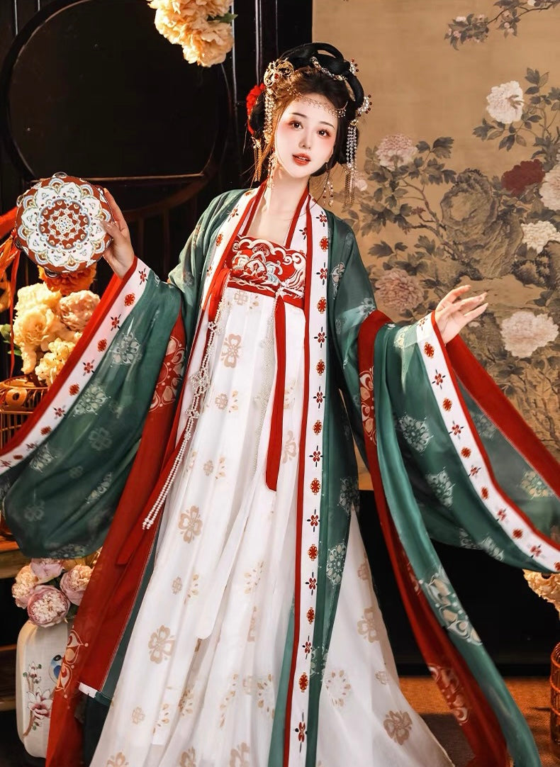 Autumn Majesty: Green & Red - Tang Dynasty Inspired Women's Hanfu Set with Wide-Sleeved Robe