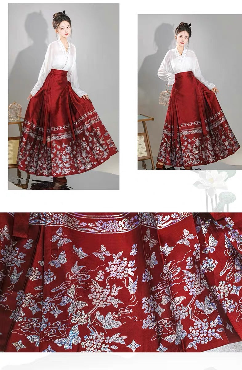 Dream Butterfly Red: Traditional Ming Dynasty Horseface Skirt Set