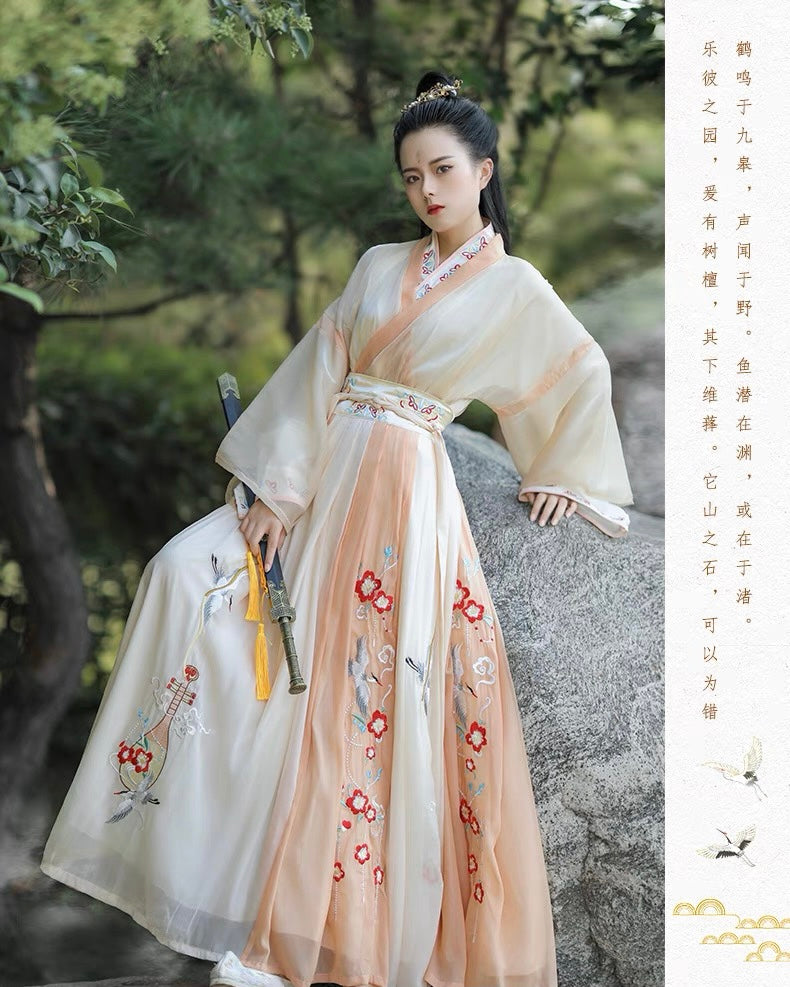 Ethereal Crane in Tangerine: Elegant Chinese Hanfu with Flowing Cross-Collar Design