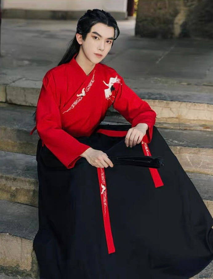 Warrior's Spirit: Wei-Jin Inspired Men's Hanfu in Black and Red - Martial Elegance with Cross-Collar Design