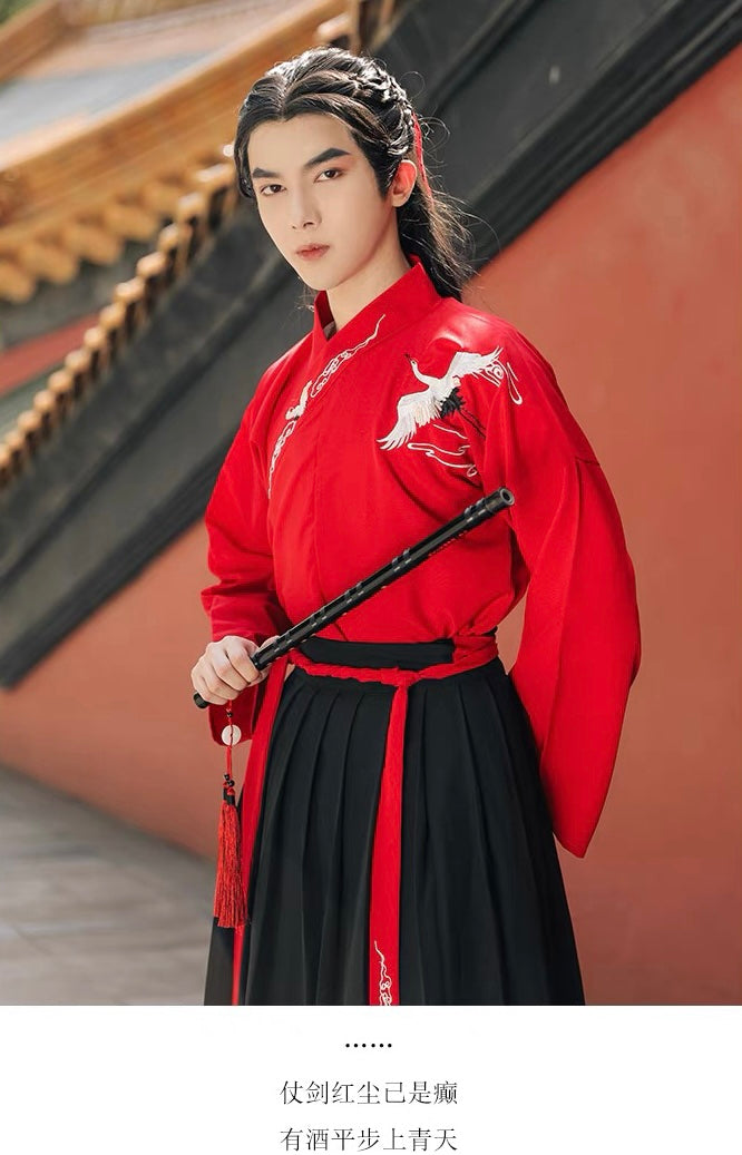 PreOrder: Warrior's Spirit: Wei-Jin Inspired Men's Hanfu in Black and Red - Martial Elegance with Cross-Collar Design