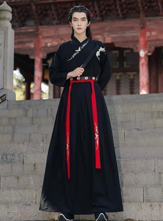 PreOrder: Warrior's Spirit: Wei-Jin Inspired Men's Hanfu in Black and Red - Martial Elegance with Cross-Collar Design