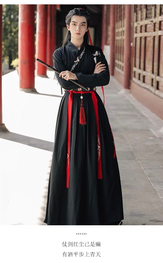 Warrior's Spirit: Wei-Jin Inspired Men's Hanfu in Black and Red - Martial Elegance with Cross-Collar Design