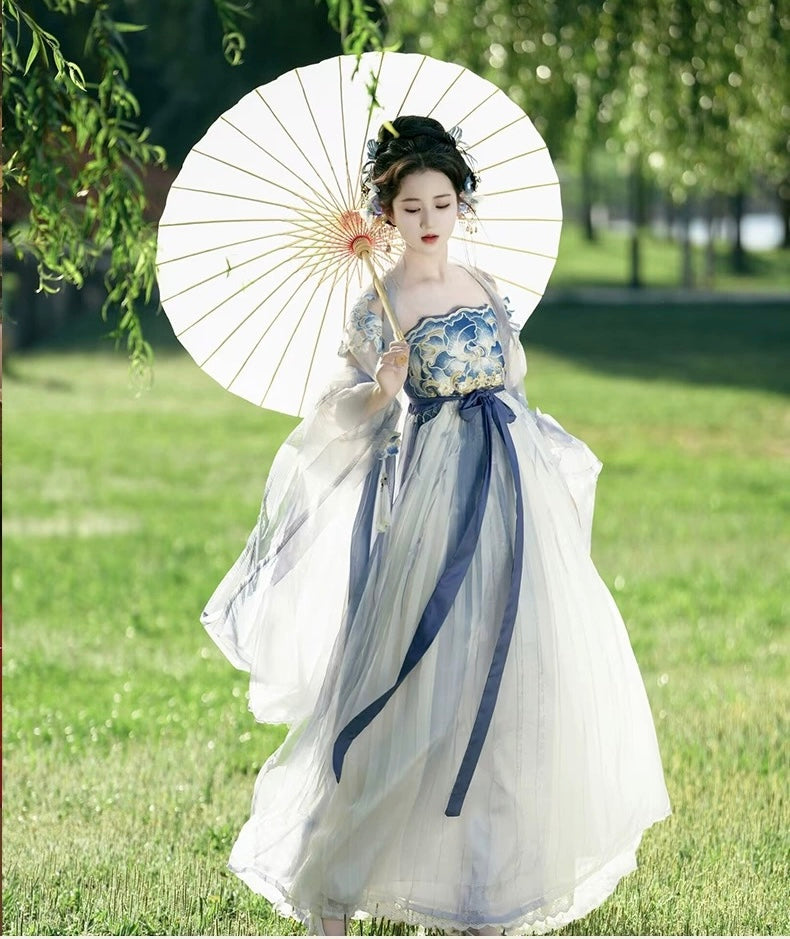 Preorder: Azure and Blush Hibiscus: Ethereal Embroidered Hanfu with Tang-Style Hezi Skirt and Wide Sleeves