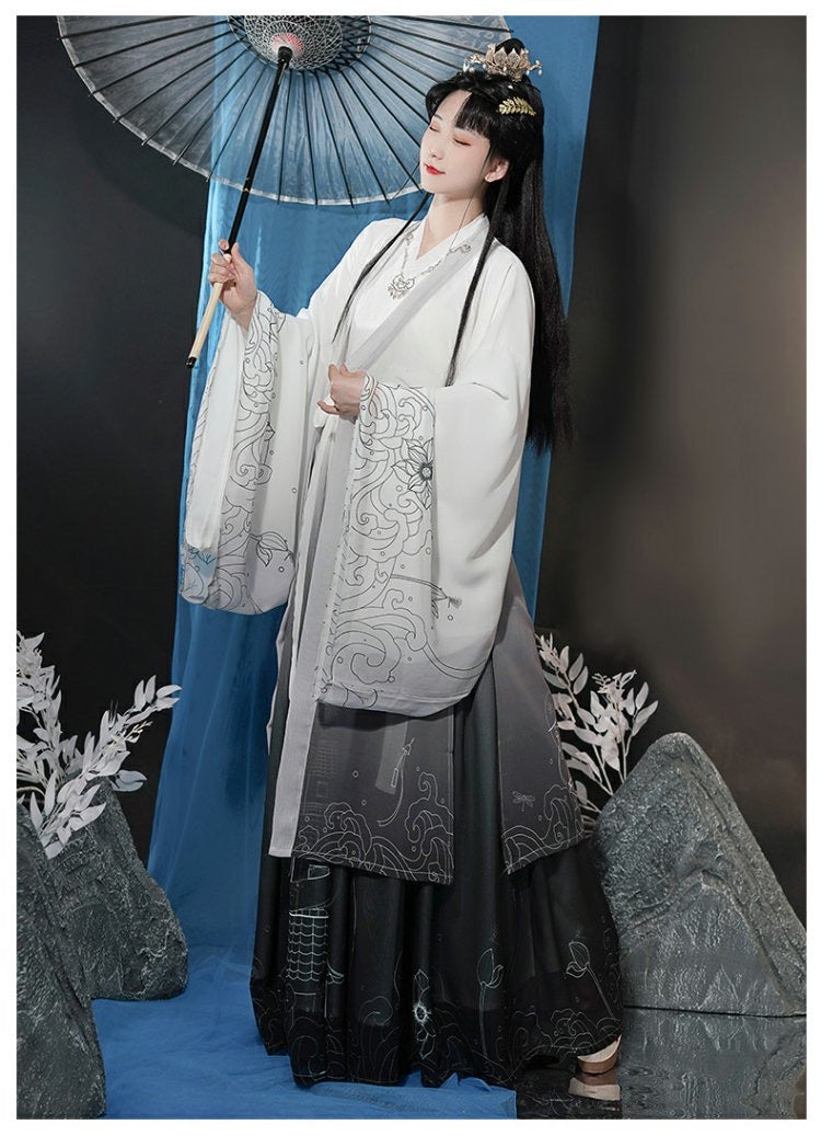 PreOder:Ink Lotus Pavilion Black - Jin Dynasty Style Ruqun for Men and Women