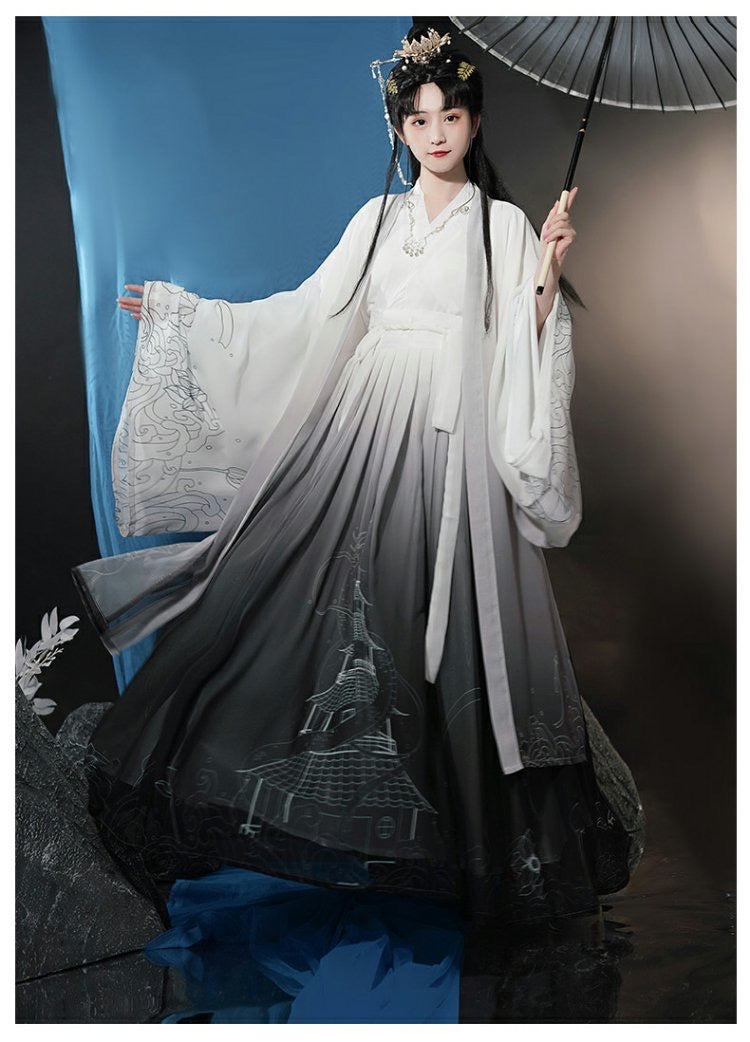 Ink Lotus Pavilion Black - Jin Dynasty Style Ruqun for Men and Women