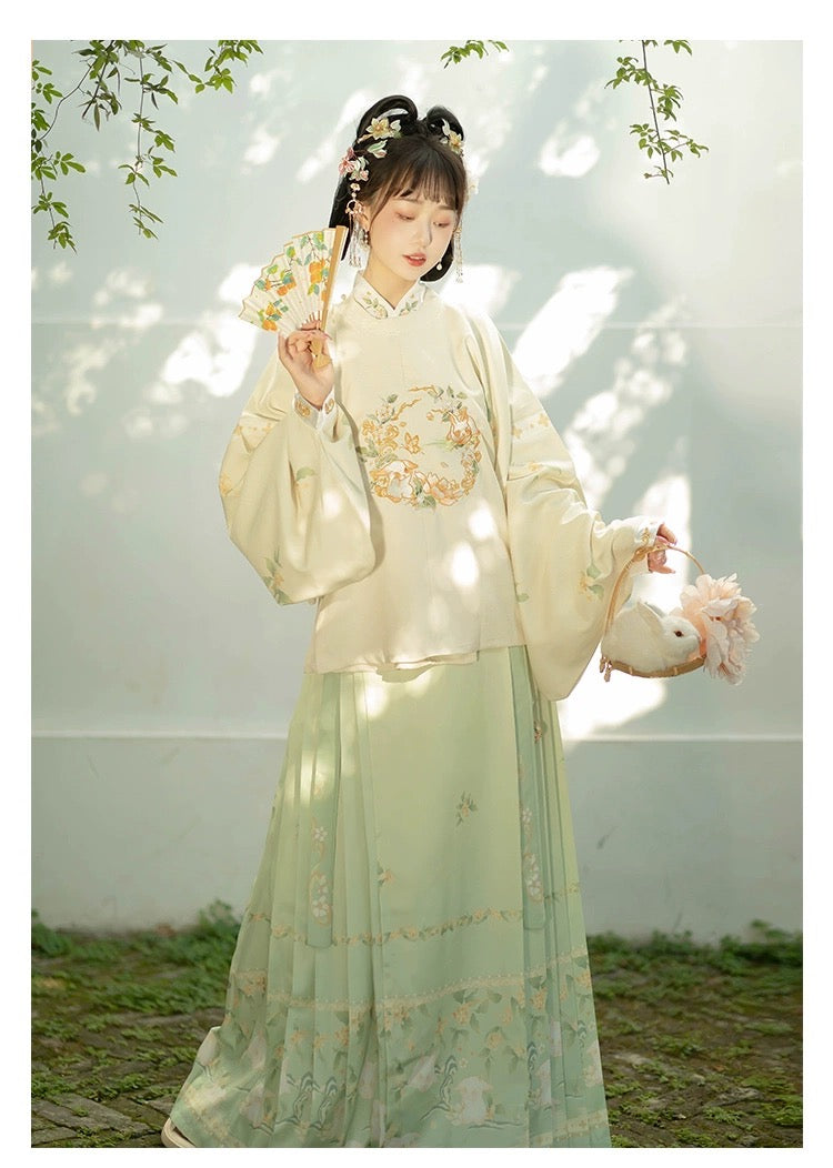 PreOder:Bunny Whisper Green - Ming Dynasty Hanfu with Round Neck Robe, Pipa Sleeves & Horse-face dress