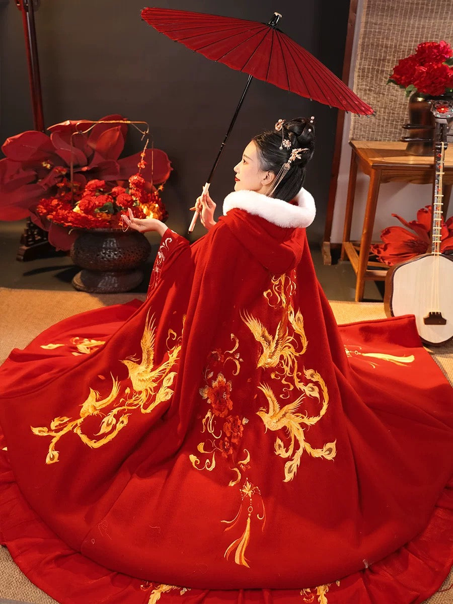 Phoenix Elegance Cape: Luxurious Embroidered Black & Red  Cloak