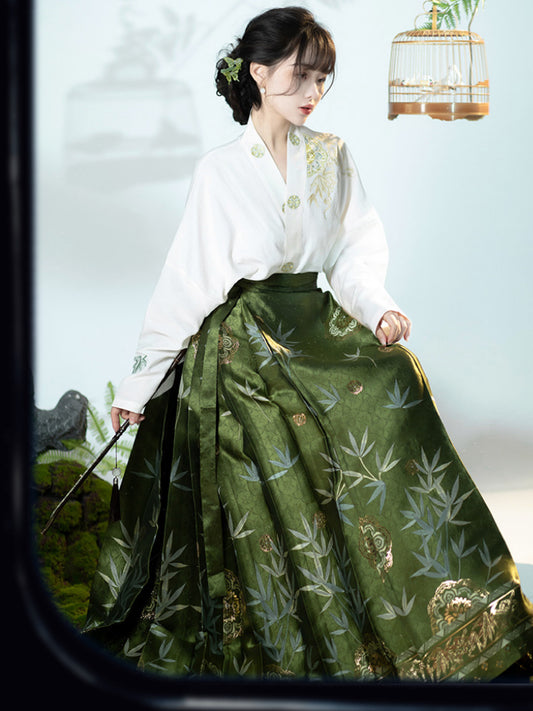 Bamboo Shadow Whispers: Ming-Style Hanfu - Pavilion Series Horseface Skirt & Bishop Sleeve Set