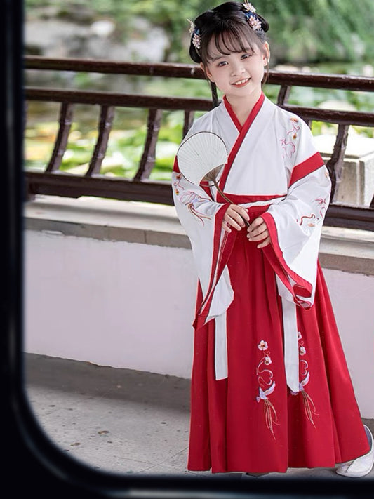 Sparrow's Whisper: Red & White Wide-Sleeve Hanfu for Kids - Tang Dynasty Scholar Attire for Cultural Studies