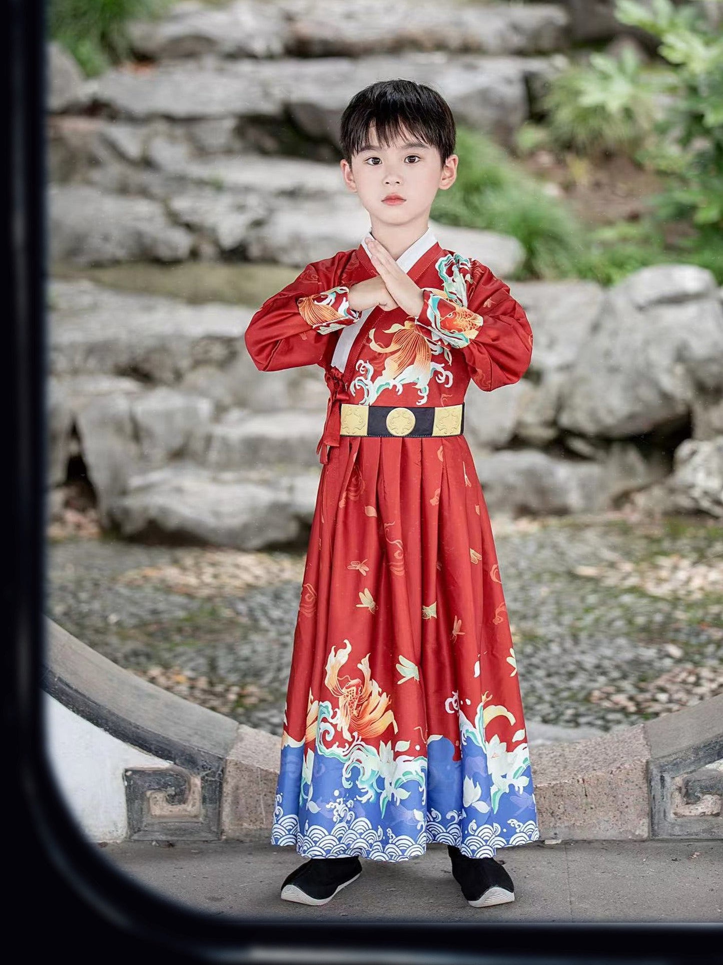 PreOrder: Lunar Fish Elegance: Vibrant Red Hanfu for Kids - Tang Dynasty Scholar Attire for Cultural Studies