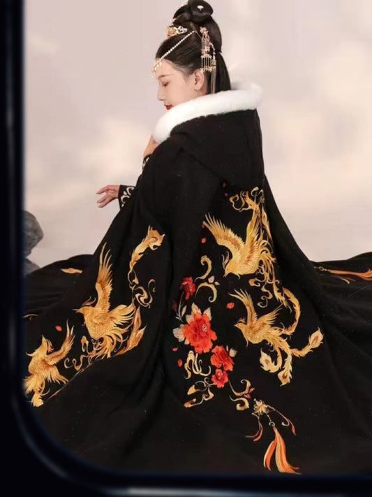 PreOrder: Phoenix Elegance Cape: Luxurious Embroidered Black & Red  Cloak