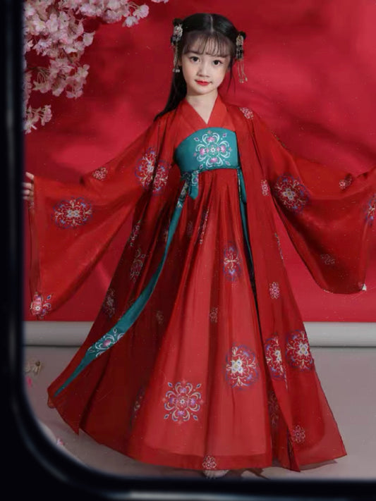 Rouge Enchantment: Ethereal Children's Hanfu in Rouge Green & Rouge Red , Wide-Sleeved Princess