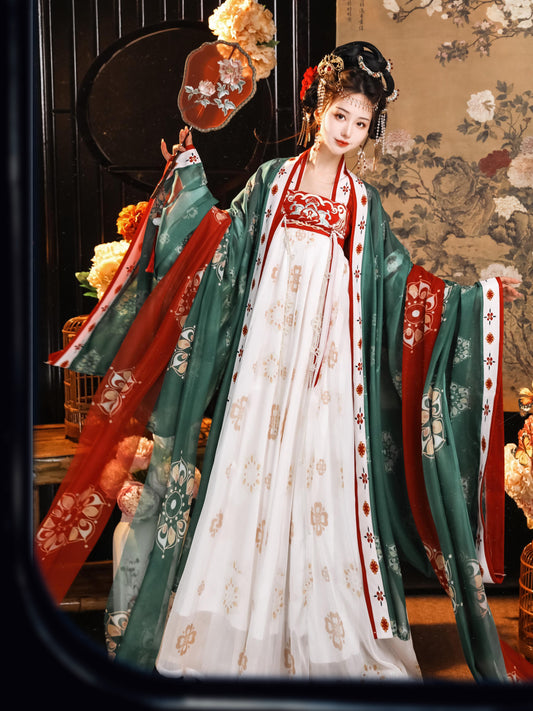 Autumn Majesty: Green & Red - Tang Dynasty Inspired Women's Hanfu Set with Wide-Sleeved Robe