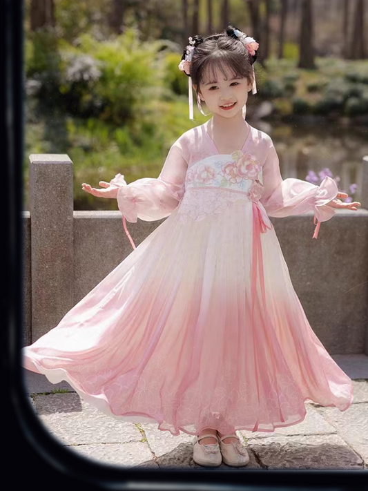 Rose Fairy: Girls' Ethereal Tang-Style Hanfu Dress with Long Sleeves - Floral Goddess Gow
