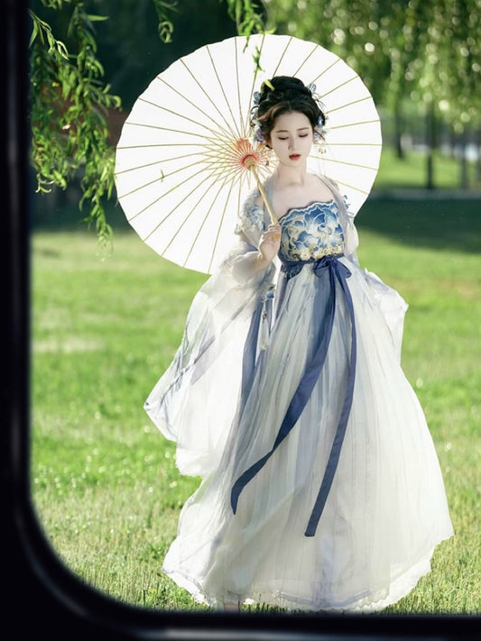 Azure and Blush Hibiscus: Ethereal Embroidered Hanfu with Tang-Style Hezi Skirt and Wide Sleeves